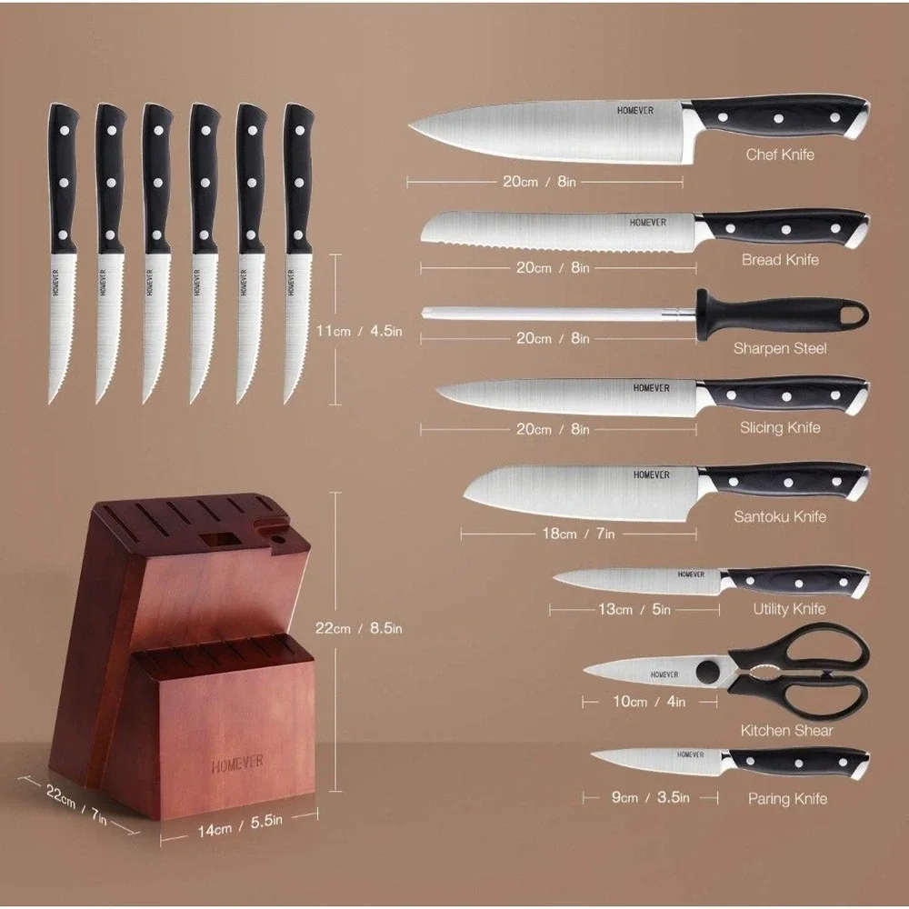 Homever 15 Pcs High Carbon Stainless Steel Knife Set With Shelf Sharpening Block